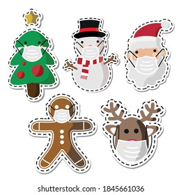 Vector image. Stickers of Santa Claus, tree, snowman, gingerbread cookie and a reindeer with a mask. Funny image to decorate.