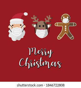 Vector image. Stickers of Santa Claus, tree, snowman, gingerbread cookie and a reindeer with a mask. Funny image to decorate.