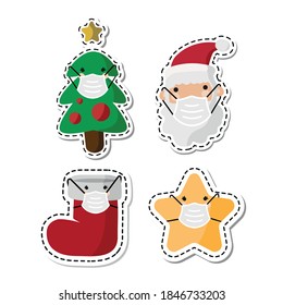 Vector image. Stickers of Santa Claus, tree, star and boot with a mask. Funny image to decorate.