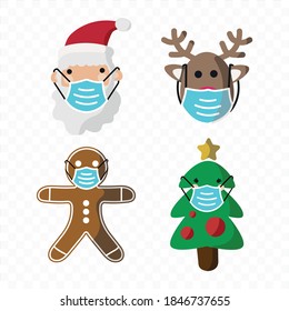 Vector image. Stickers of Santa Claus, tree, gingerbread cookie and a reindeer with a mask. Funny image to decorate.