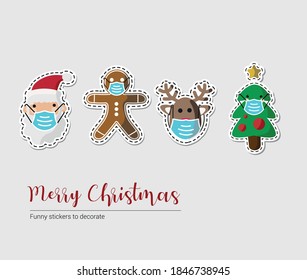 Imagen vectorial. Pegatinas de Santa Claus, árbol, galleta de pan de jengibre y reno con máscara. Imagen divertida para decorar.