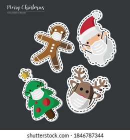 Vector image. Stickers of Santa Claus, tree, gingerbread cookie and a reindeer with a mask. Funny image to decorate.