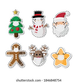 Vector image. Stickers of Santa Claus, tree, snowman, star, gingerbread cookie and a reindeer with a mask. Funny image to decorate.