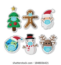 Vector image. Stickers of Santa Claus, tree, earth, snowman, star, gingerbread cookie and a reindeer with a mask. Funny image to decorate.