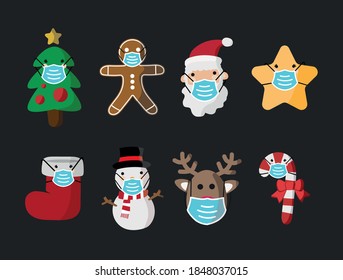 Vector image. Stickers of Santa Claus, tree, earth, snowman, star, gingerbread cookie and a reindeer with a mask. Funny image to decorate.