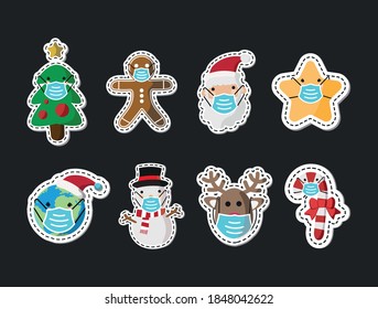 Vector image. Stickers of Santa Claus, tree, earth, snowman, star, gingerbread cookie and a reindeer with a mask. Funny image to decorate.
