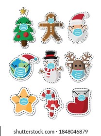 Vector image. Stickers of Santa Claus, tree, earth, snowman, star, gingerbread cookie and a reindeer with a mask. Funny image to decorate.
