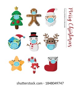 Vector image. Stickers of Santa Claus, tree, earth, snowman, star, gingerbread cookie and a reindeer with a mask. Funny image to decorate.