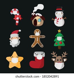 Vector image. Stickers of Santa Claus, tree, earth, snowman, star, gingerbread cookie and a reindeer with a mask. Funny image to decorate.