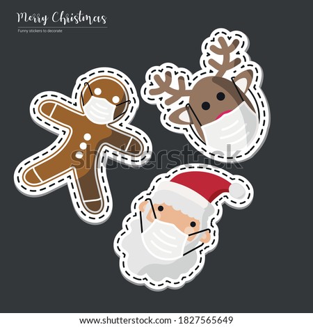 Vector image. Stickers of Santa Claus, gingerbread cookie and a reindeer with a mask. Funny image to decorate.
