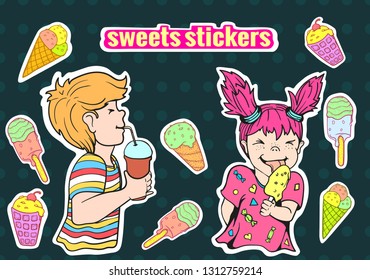 Vector image. Stickers set of boy and girl in the style of the colored doodle. The girl eats ice cream, squinted and shows thumb up. The boy contented drinks from paper cup.