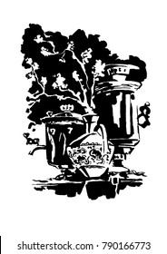 Vector image. Still life. Black silhouette of samovar, vases and branches with flowers. Composition.