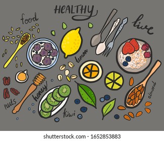 vector image still life illustration of useful products. Poster for restaurants and cafes. The design of the restaurant, the napkins and the interior of the cafe
