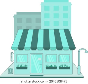 Vector Image Of A Store Facade With An Urn And A Lantern With Houses On The Background