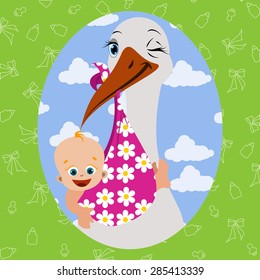 Vector image. Stork with baby in the foreground