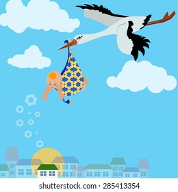 Vector image. A stork is flying with a baby in the sky over the city