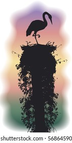 Vector Image. Stork settled down to sleep in a nest on the vines entwined trunk