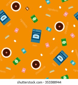 Vector image of the stove and the ingredients for making a cake. Seamless pattern.