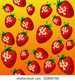 Vector image of strawberries in a chaotic arrangement on an orange background seamless.