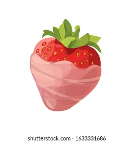 
Vector image of strawberries in chocolate on a white background.Strawberry in pink chocolate. Candy bar.