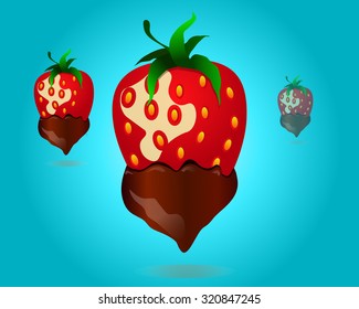 Vector image of strawberries at different distances in chocolate on blue background with shadow.