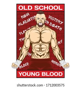 Vector image of a street fighter. New Gladiator. Urban warrior. Young blood. Boxer of the old school. Color illustrations for t shirt print. Set of hand drawn sport logos, badges, labels, poster. 