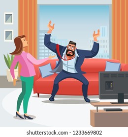 Vector image of Stressful Home environment. Vector Illustration of Cartoon Man Sitting on Sofa shouts wife with his hands up. A Woman trying to calmly talk her Husband. Family Conflict Concept