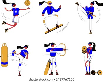 Imagen vectorial de las niñas fuertes y atléticas - el poder de las niñas: jugador de voleibol, snowboarder, karate, boxeador, arquero, entrenador de fitness.