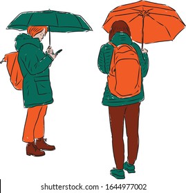 Vector image of student standing under umbrellas