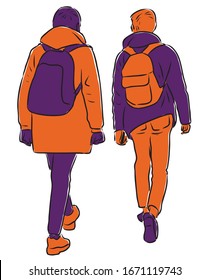 Vector image of students friends walking down street