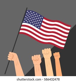 Vector image style flat with the flag of the United States and his hands clenched into fists and raised