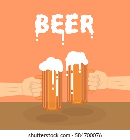 Vector image style flat with two hands holding the glasses of beer