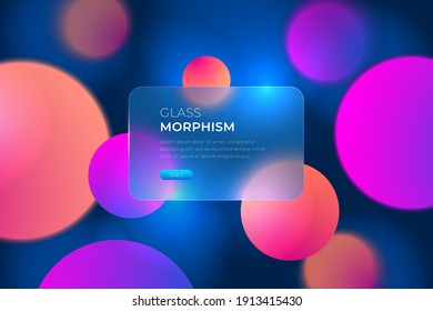 Vector image in the style of glass morphism. Translucent card with button on a bright background. Frosted transparent glass and colored colorful circles. Place for your text.