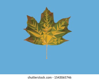 Vector image in the style of Low poly. Yellow-green maple leaf on a blue isolated background.