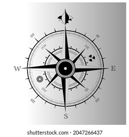 Vector image of stylised pirate compass in simple black and white lines and shapes with transparent background