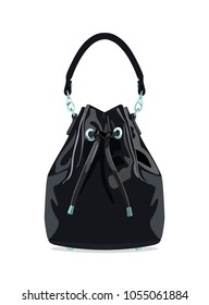 Vector image of stylish bag-pouch of black leather on leather laces, isolated on white background. For city and travel.