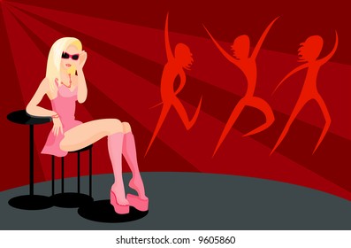 vector image of stylish blond girl in pink dress