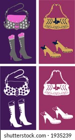 Vector image of stylish shoes and bags. Colored and one color versions