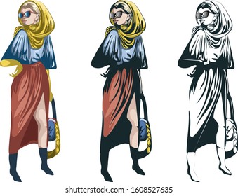 Vector image of a stylish woman in a silk scarf in sunglasses. In three variations. Concept. Fashion trend