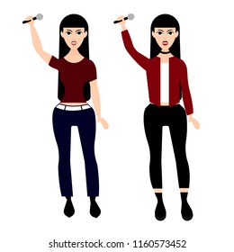 vector image stylish woman singer with microphone sings in fashionable clothes