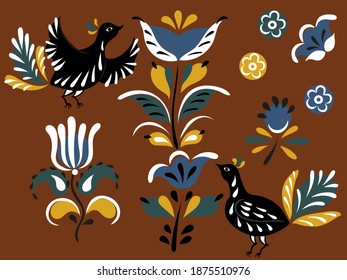 Vector image.Set of stylized birds and plants. Ancient Russian painting, folk art. Uftyug painting.