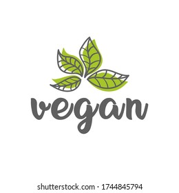 Vector image of stylized contour sheets drawn in various design techniques with the inscription vegan. Logo, stamp, icon, eco, bio, vegan, natural, healthy food template.