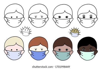 Vector image of an stylized face of a man in medical mask drawn manually