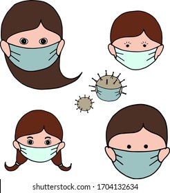 Vector image of a stylized faces of parents and children in medical masks, drawn manually.