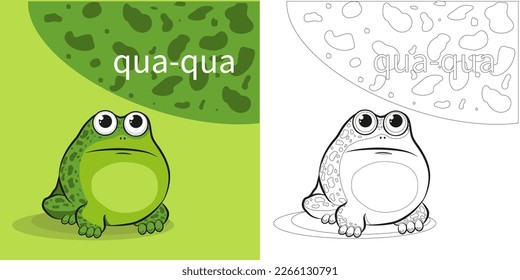 Vector image of a stylized frog for use in a children's coloring book. The picture is in color and black and white.