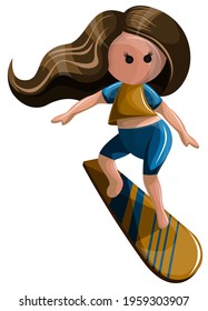 Vector image of a stylized image of a girl on a surfboard. Cartoon style. Isolated over white background. EPS 10
