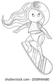 Vector image of a stylized image of a girl on a surfboard. Outline style. Isolated over white background. EPS 10