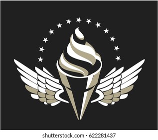 Vector image of stylized graphic ice cream with wings in black and white color design object