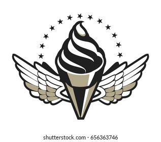 Vector image of stylized graphic ice cream with wings in black and white color design object