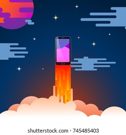 Vector image of a stylized mobile phone soaring like a rocket into space